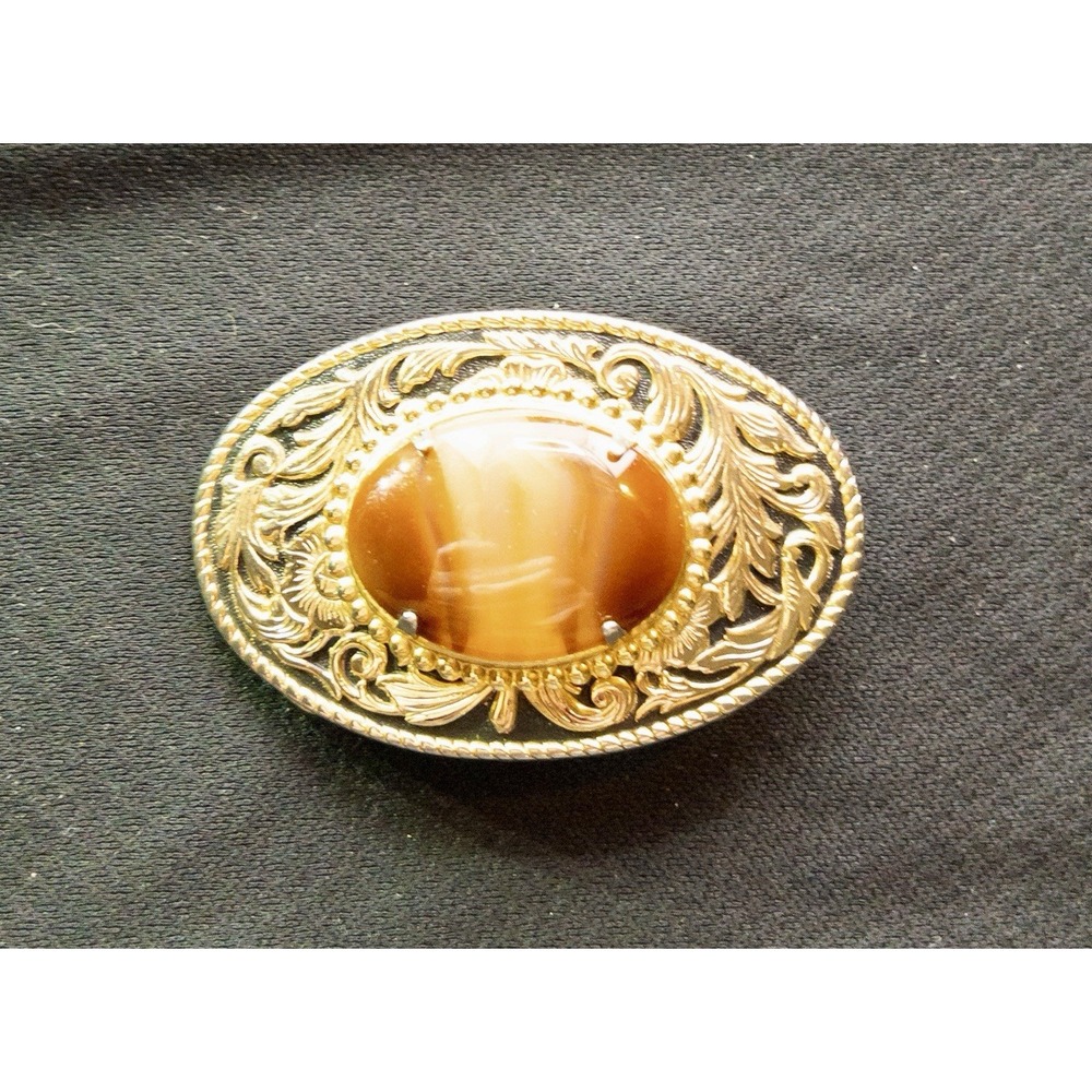 Vtg‎ Western Gold Toned Belt Buckle Polished Agate Rodeo Southwestern Country - Picture 3 of 7